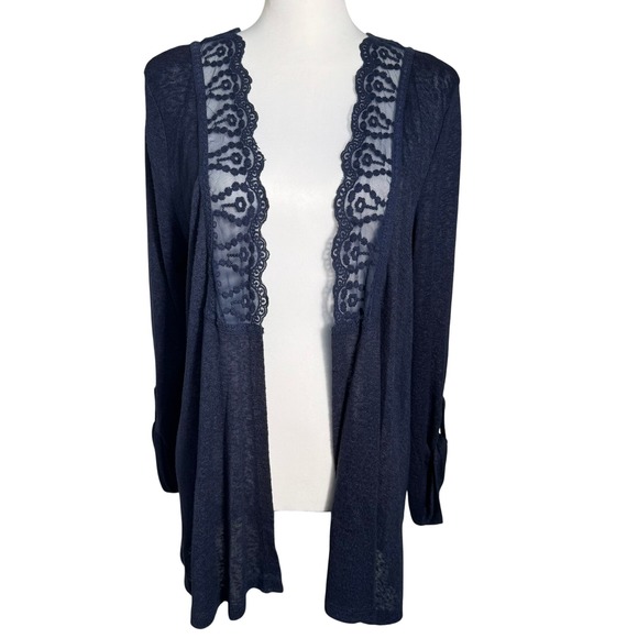 SKIES ARE BLUE Women's Large Navy Blue Lace Trim Open Front Cardigan Lightweight - Picture 1 of 8